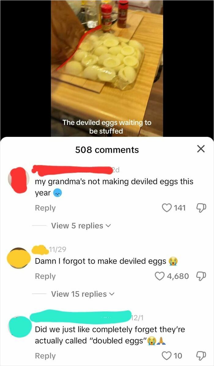 Deviled eggs on a table, with humorous online comments attempting to incorrectly correct their name.