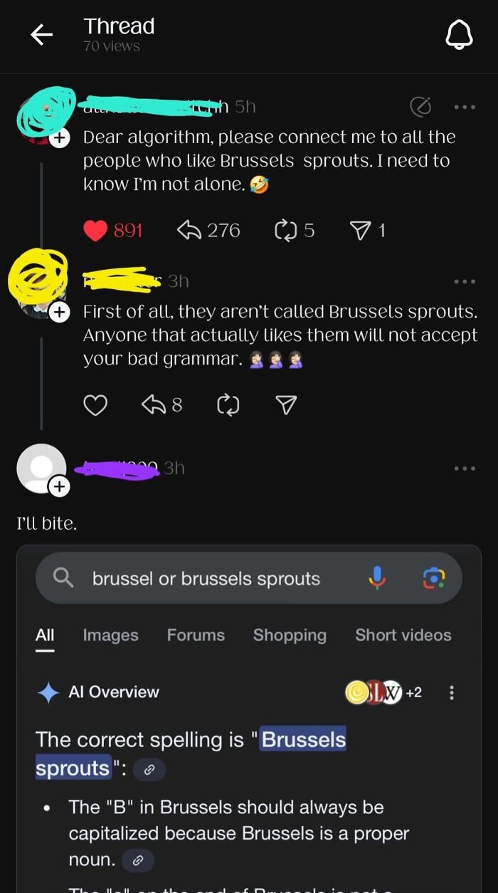 Social media thread with a humorous correction about "Brussels sprouts."