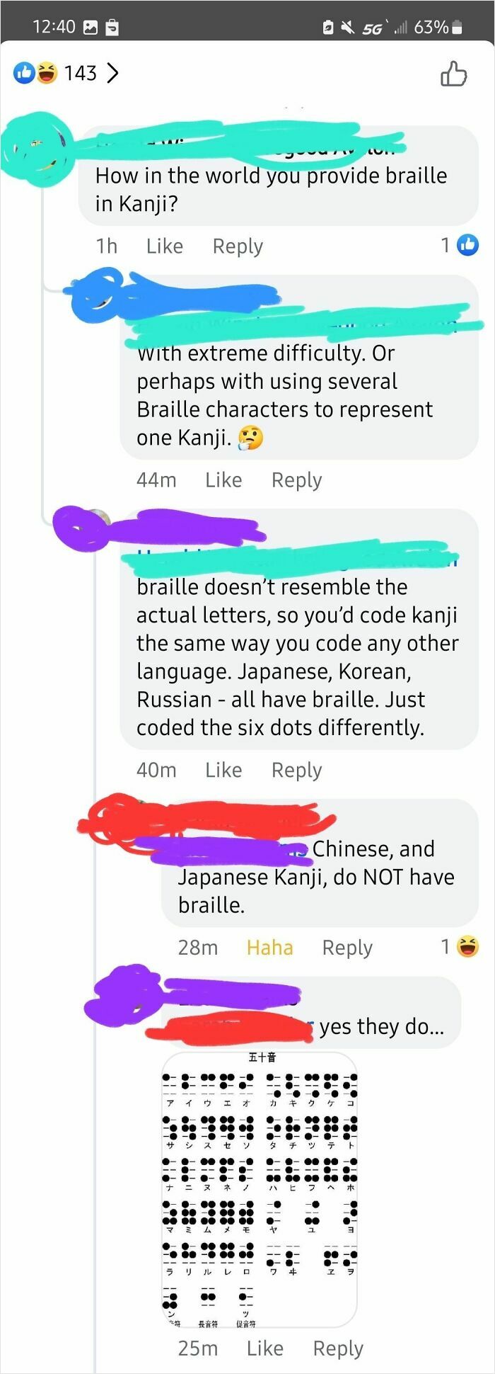 Social media thread debating braille in Kanji, showcasing bold claims and corrections with an image of Kanji braille chart.