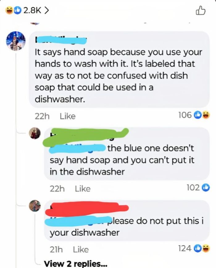 Social media thread showing humorous misunderstandings about using hand soap in dishwashers.