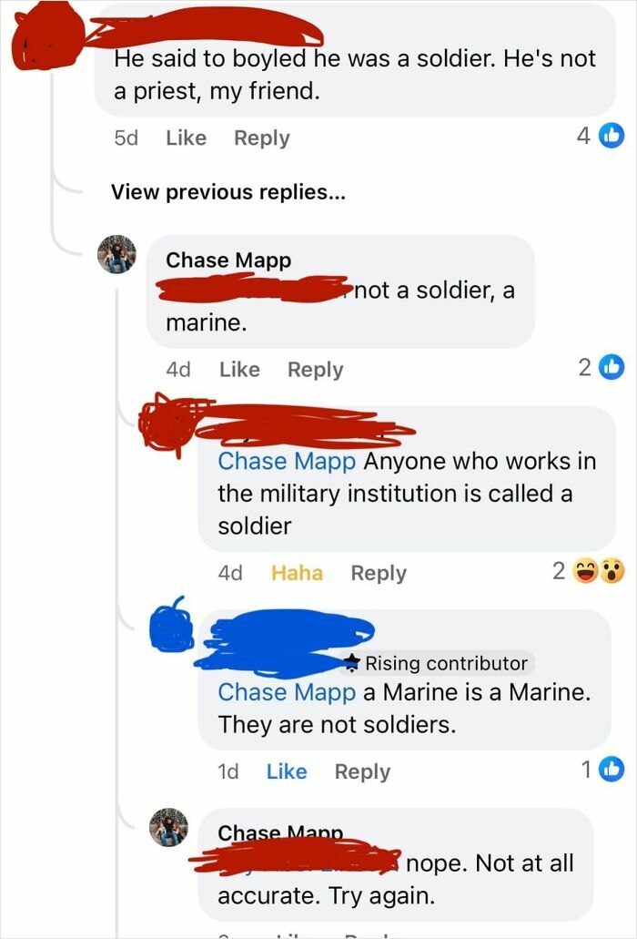 Facebook thread showing a heated debate about military terminology, highlighting courage in correcting someone incorrectly.