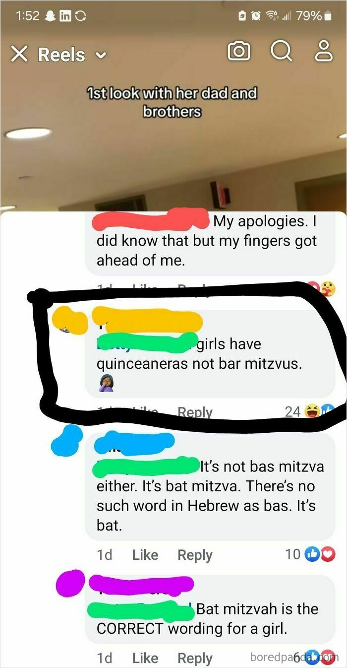 People incorrectly correcting terms for bar mitzvah and bat mitzvah in a humorous online comment thread.