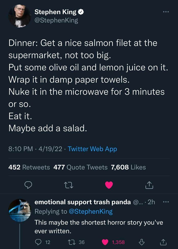 Tweet with a humorous response about salmon preparation, highlighting clever comebacks.