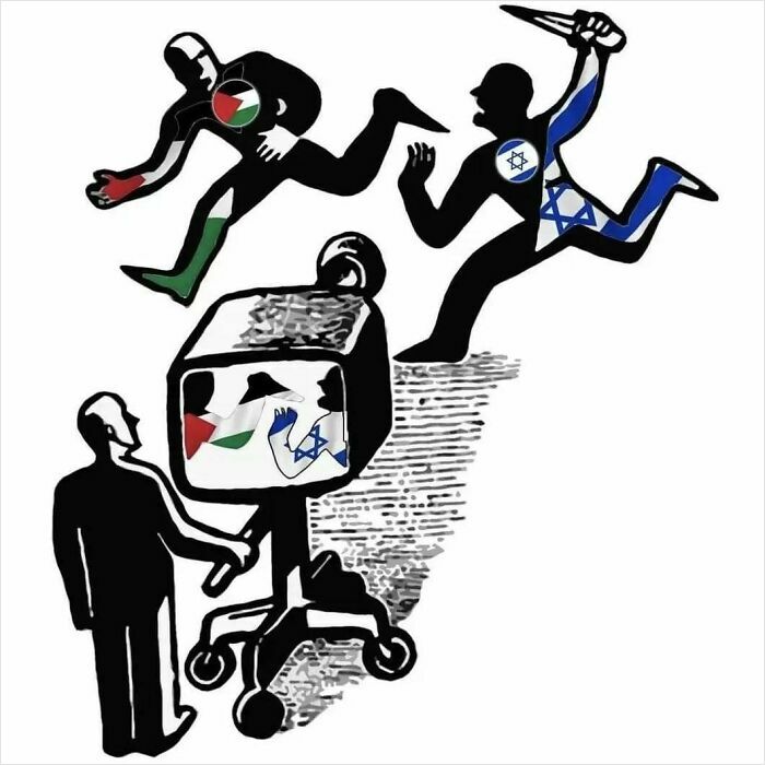 Illustration depicting a media camera focusing on conflict between two figures, symbolizing anti-capitalism themes.