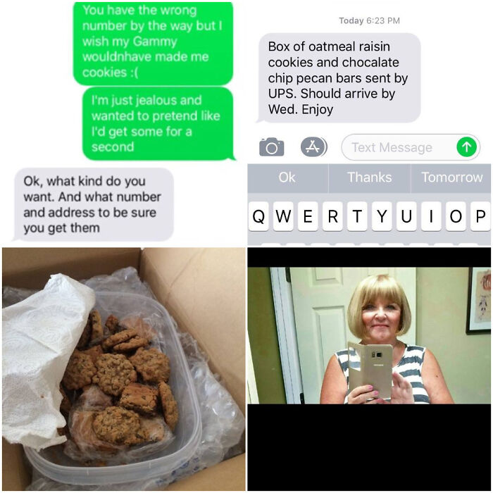 Text exchange with funny messages to wrong recipient about cookies; includes a box of cookies and a woman taking a selfie.