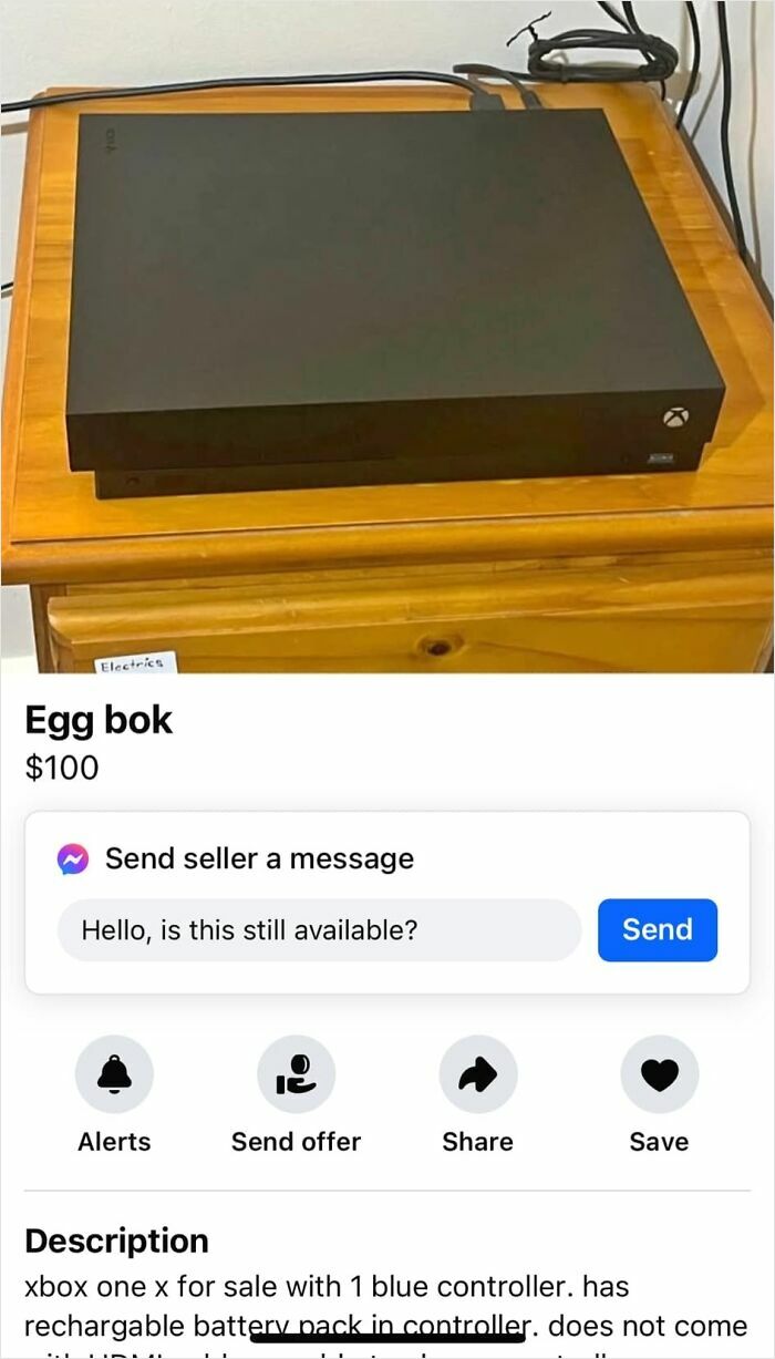 Xbox console listed as "Egg bok" on Facebook Marketplace, priced at $100.