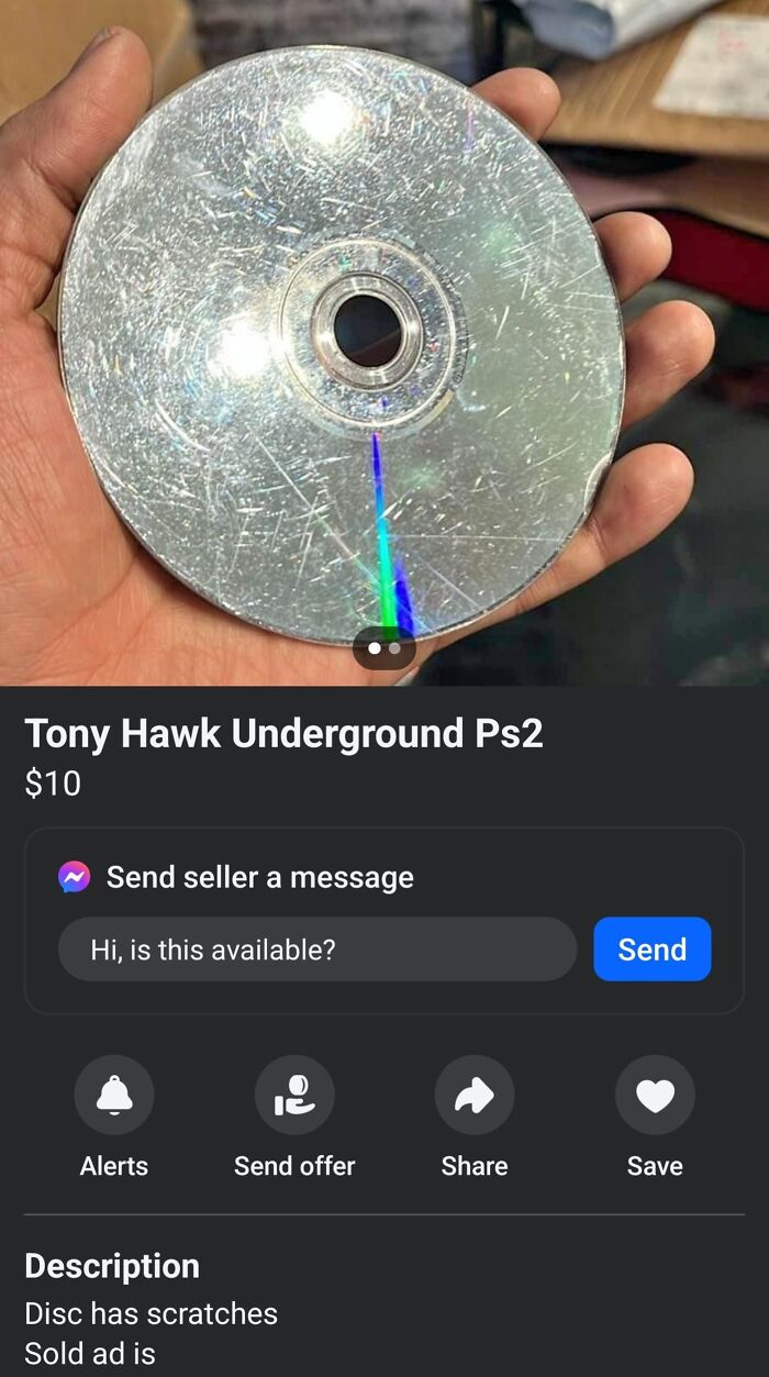 Scratched PS2 disc of Tony Hawk Underground, priced at $10, shown on Facebook Marketplace.