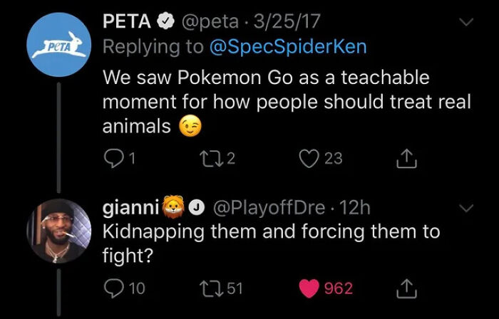 PETA tweet followed by clever comeback about Pokemon Go and animal treatment.