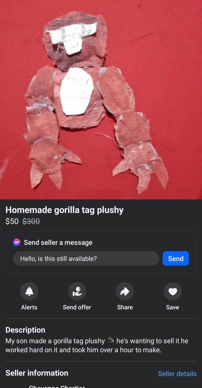 Homemade gorilla tag plushy for sale on Facebook Marketplace, displayed on a red background.