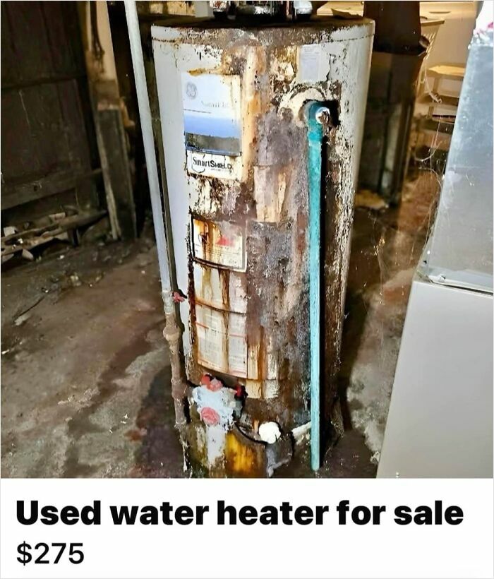 Used water heater for sale on Facebook Marketplace, showing rust and wear, priced at $275.