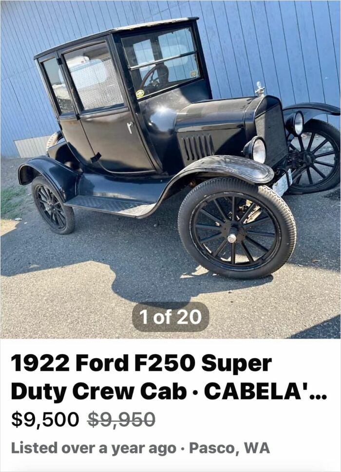 Old car listed as "1922 Ford F250 Super Duty Crew Cab" on Facebook Marketplace.
