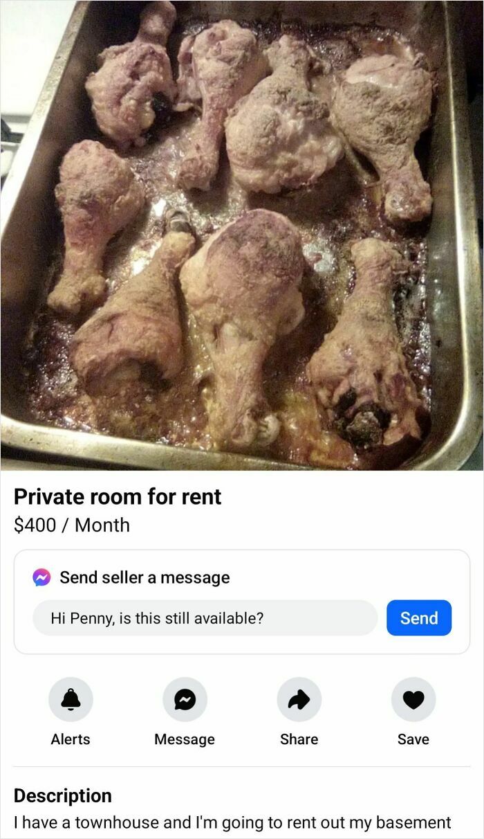 Cooking tray with baked chicken drumsticks, an odd image choice for a Facebook Marketplace listing.