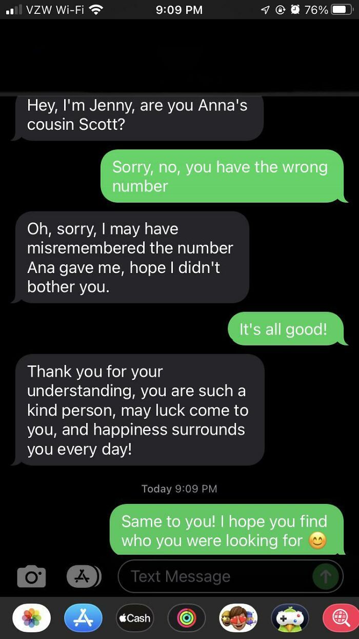 Text conversation with funny messages sent to the wrong recipient, discussing mistaken identity and well wishes.