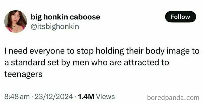 Social media post advocating for social justice by challenging body image standards set by certain men.