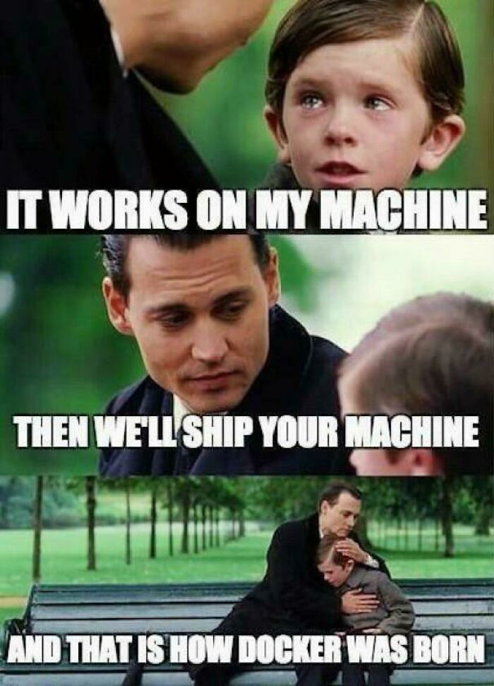 Meme for programmers: A man and child discuss software compatibility, referencing Docker creation humorously.