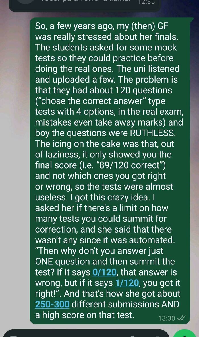 Chat message describing a chaotic good morally grey act involving exploiting a university's automated test system.