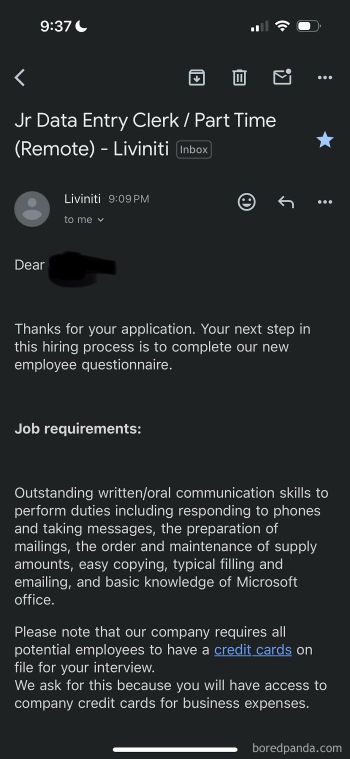 Email screenshot showing outrageous job requirements asking applicants to provide credit cards for interview as part of hiring process