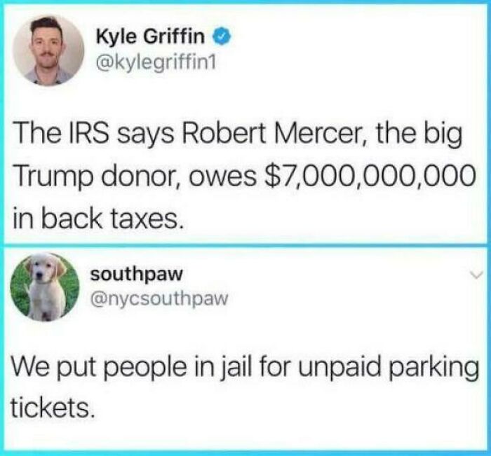 Comparison of a $7 billion tax debt and jail for unpaid parking, highlighting facepalm moments.