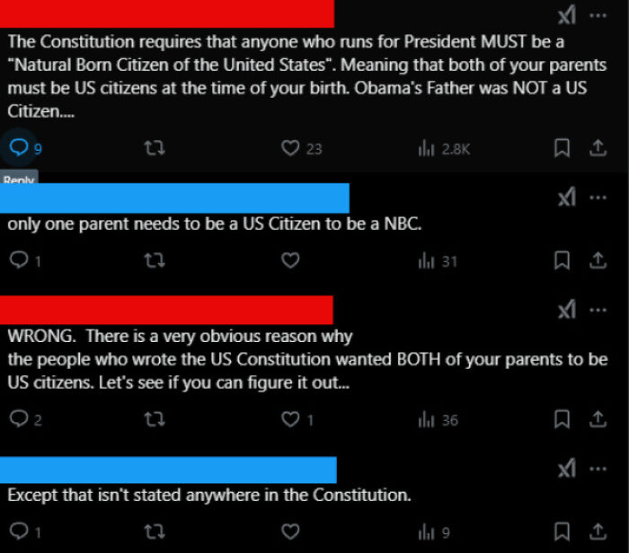 Screenshot of Twitter conversation roasting confidently incorrect claims about US citizenship and presidential requirements in an online group.