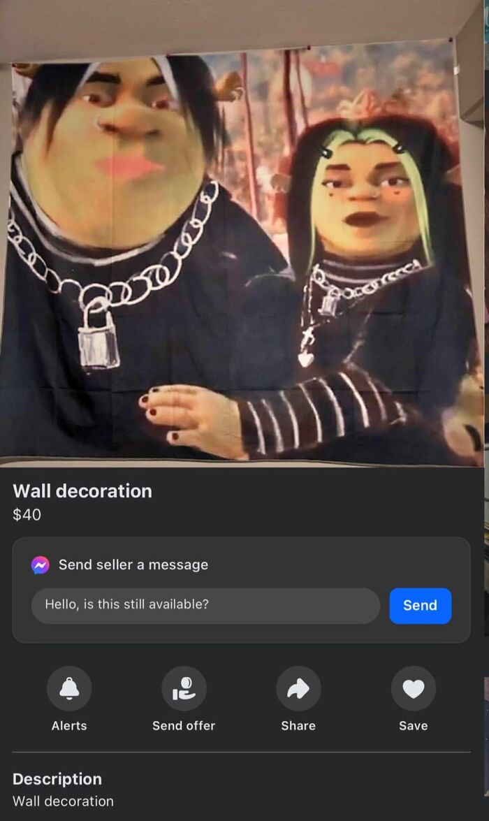 Wall decoration with humorous ogre characters listed on Facebook Marketplace.