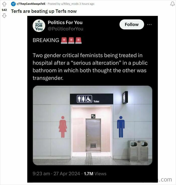Satirical tweet about a bathroom altercation between feminists, referencing a misunderstanding on gender identity.