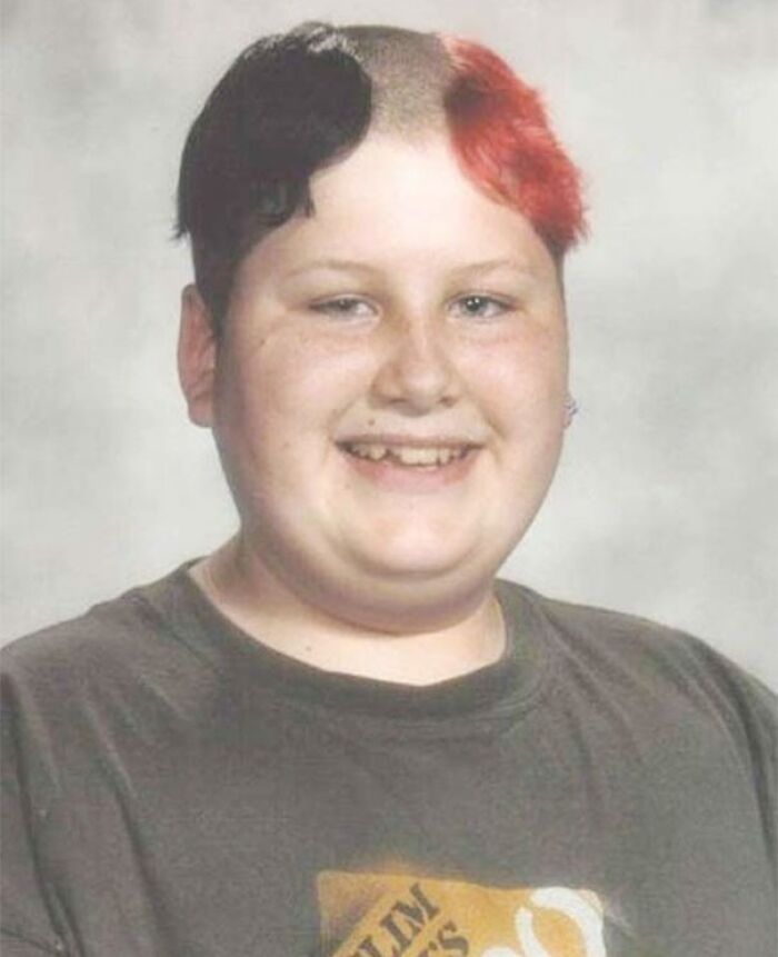 Person with a unique two-toned hairstyle, showcasing an epic hair disaster from the 1980s and 1990s.