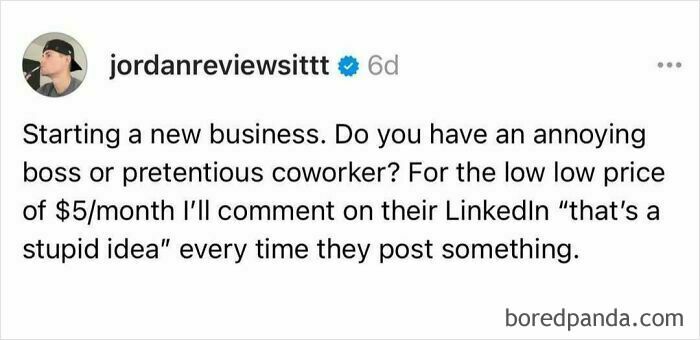 Humorous meme about starting a new business, offering sarcastic LinkedIn comments on annoying coworkers' posts for $5/month.