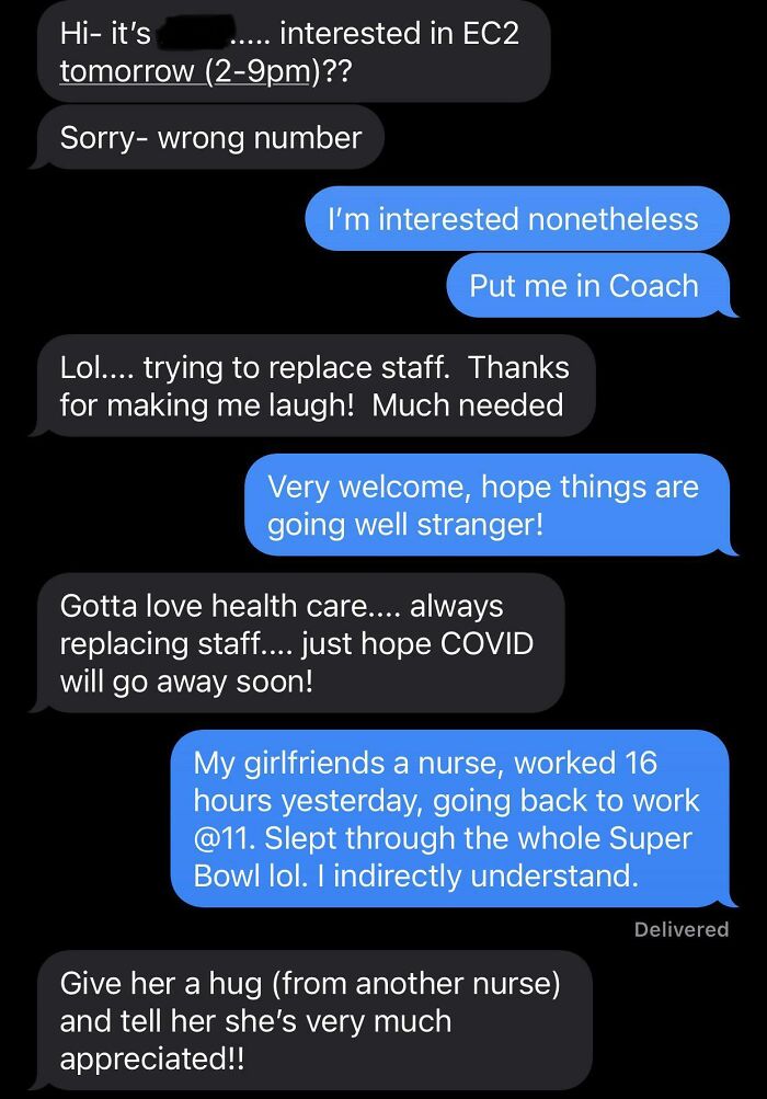 Text conversation showing a funny message sent to the wrong recipient, discussing work and healthcare.