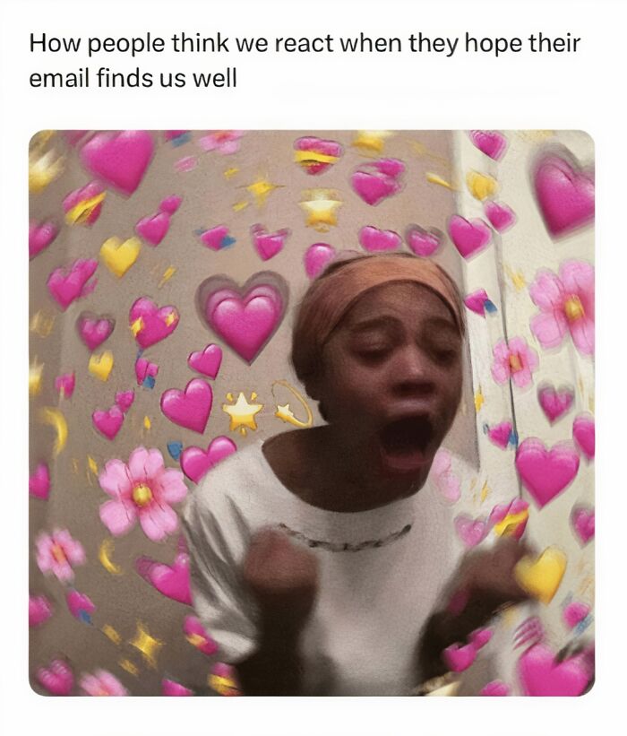 A person excitedly surrounded by colorful heart and star graphics, capturing a relatable meme moment.