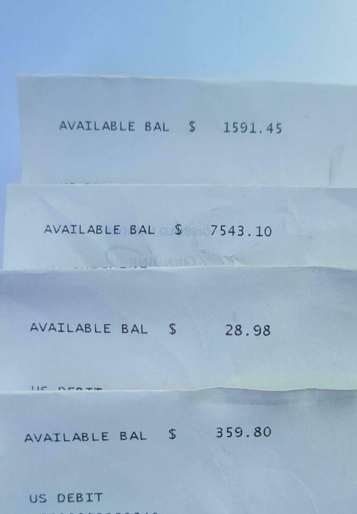 Interesting receipts showing different account balances, ranging from $28.98 to $7543.10, on white paper slips.