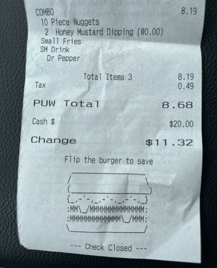 Receipt for nuggets, fries, and drink with ASCII burger art. Interesting receipts people found.