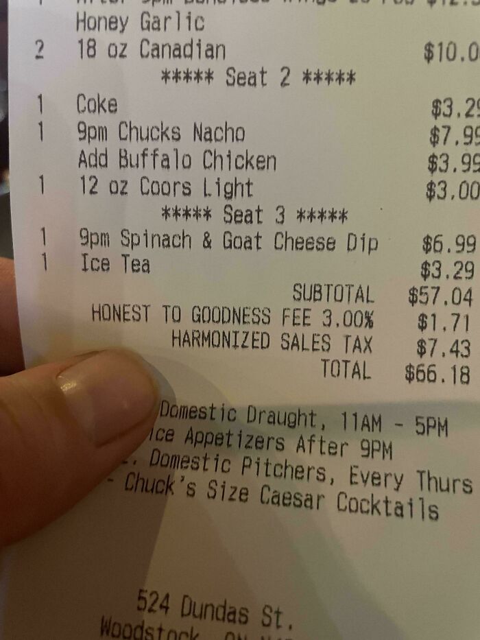 Close-up of an interesting receipt showing various food and drink items with a unique 3% fee applied.