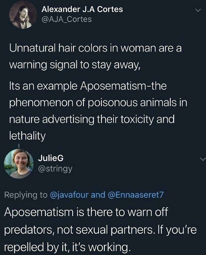 Twitter exchange featuring hilarious clever comebacks about hair color and aposematism.