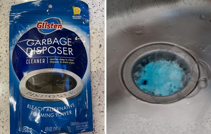Glisten garbage disposer cleaner next to sink with blue foam, ideal for a spring cleaning headstart.