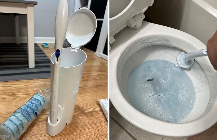 Cleaning tools and supplies used for a spring cleaning headstart, showing a toilet brush and cleaner in action.