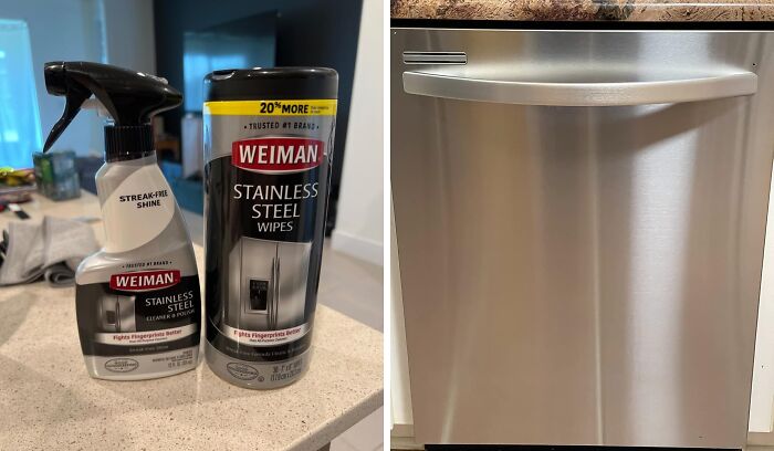 Stainless steel cleaner and wipes on countertop, perfect for spring cleaning headstart, with shiny dishwasher in the background.