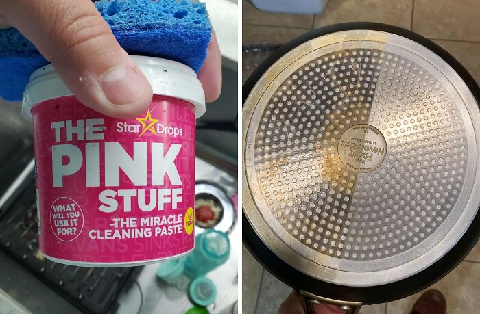Hand holding The Pink Stuff cleaning paste with sponge, next to a shiny pot bottom, ideal for spring cleaning headstart.