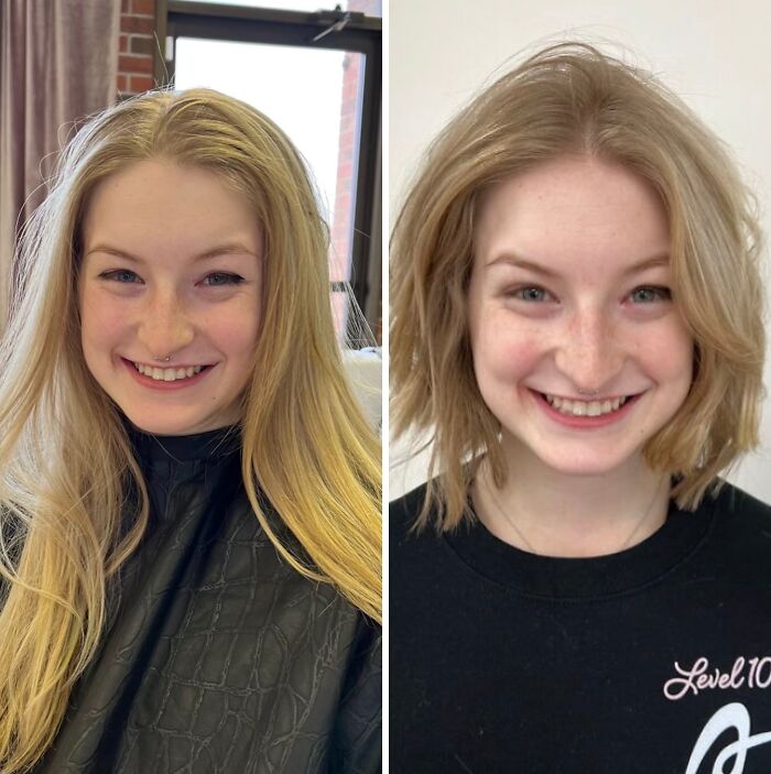 Before-and-after hair transformations showing long blonde hair cut to a stylish shoulder-length bob, woman smiling in both.