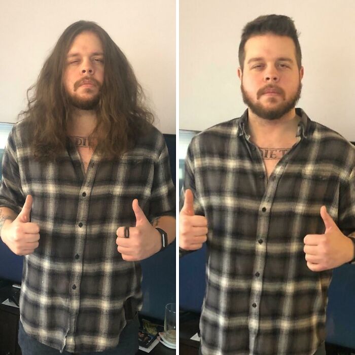 Man with long hair on the left and short hair on the right, showing a hair transformation.