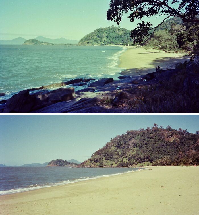 Retro Brazilian beach scenes with sun and sand, showcasing lush greenery and tranquil ocean views.