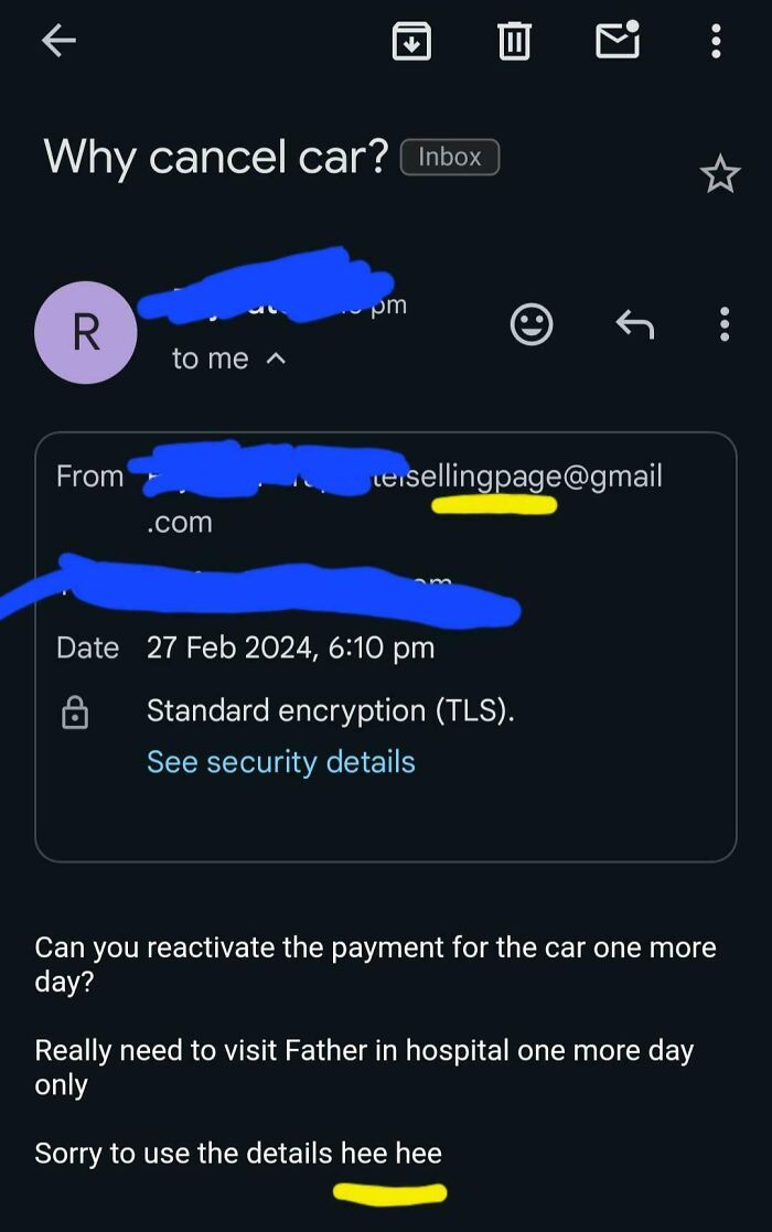 Email about cancelled reservations with subject "Why cancel car?" and requests to reactivate payment.