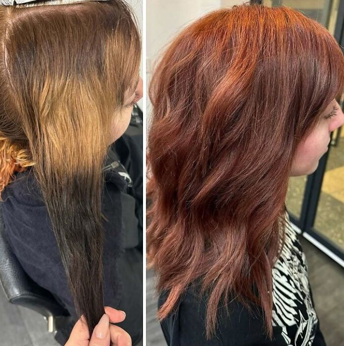 Before and after hair transformations showing dramatic color and style changes from dark roots to vibrant red waves.