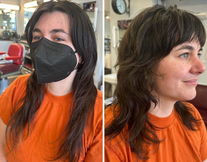 Before and after hair transformations showing a woman with long hair and a mask, then with a shorter layered style.