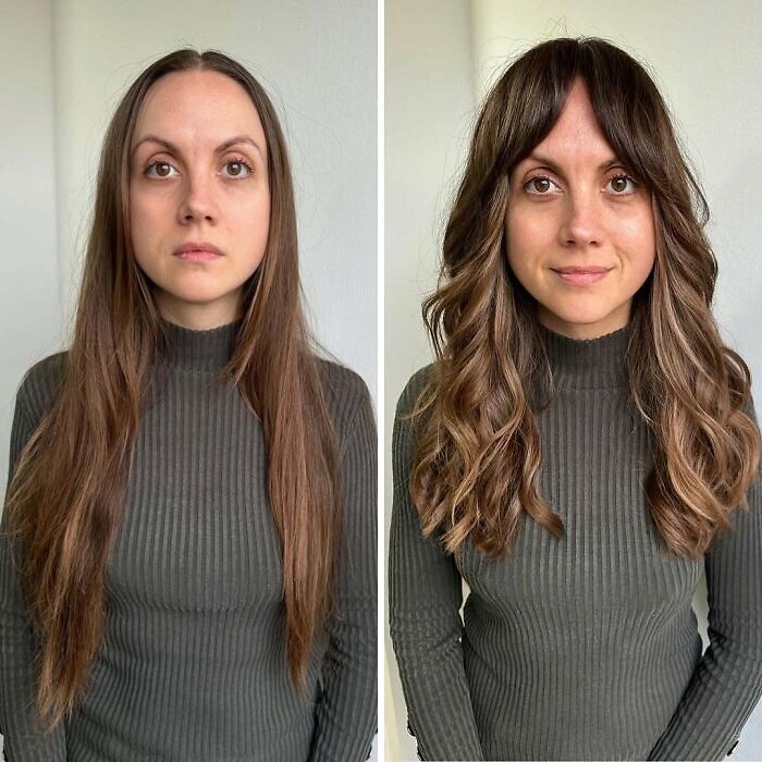 Before and after hair transformations featuring long straight hair changed to wavy with bangs.