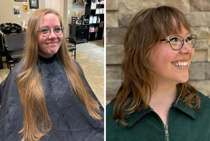 Person with glasses showing hair transformations, left with long hair, right with a stylish short cut, smiling.