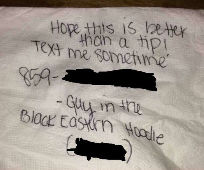 Napkin note with message, "Hope this is better than a tip!" related to mildly infuriating server tips.