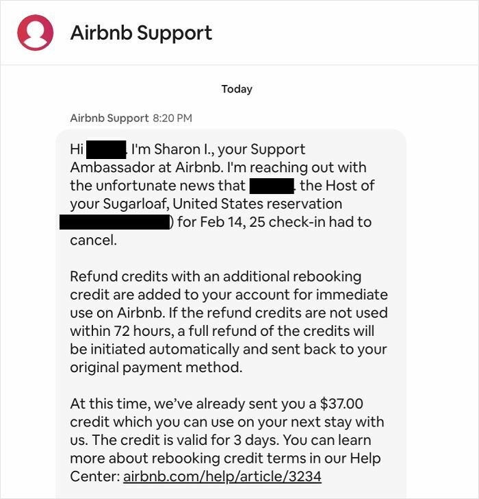 Airbnb support message about cancelled reservations and refund credits.