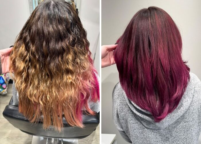 Before-and-after hair transformations showing wavy brown hair changed to sleek, vibrant red hair.