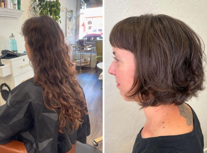 Before and after hair transformations; long curly hair to short bob haircut in a salon setting.