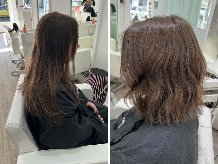 Before-and-after hair transformations showing long to short wavy hairstyle change in a salon setting.